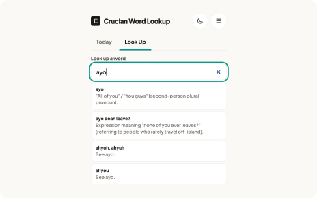 Crucian Word Lookup extension popup, showing a search for the word 'ayo' with its definition and related entries.