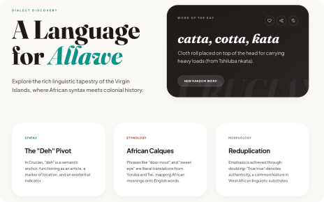 Crucian Heritage Archive home screen, showing the Word of the Day panel and quick-fact cards on dialect syntax, etymology, and reduplication.